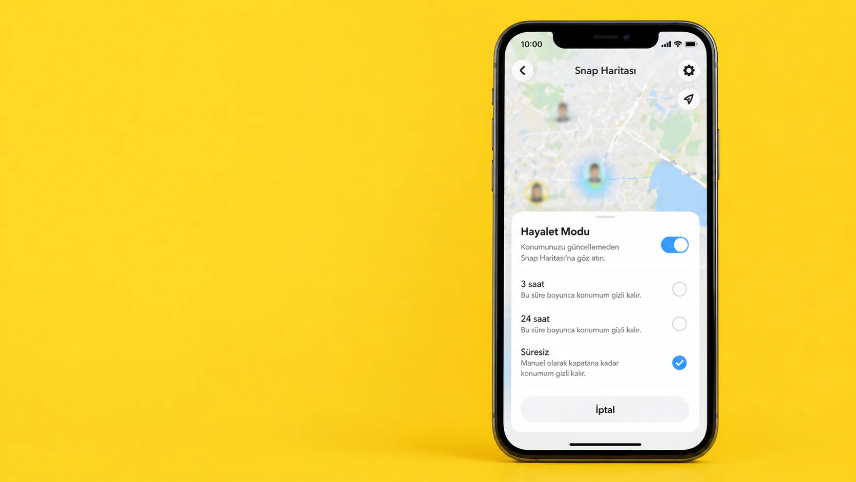 Snapchat uygulamasında Snap Map üzerinden Hayalet Modu ayarını açma ekranı