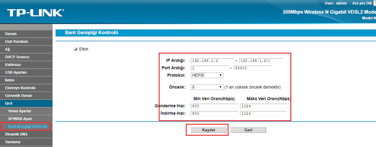 TP-Link TD-W9970 Hız Sınırlandırma