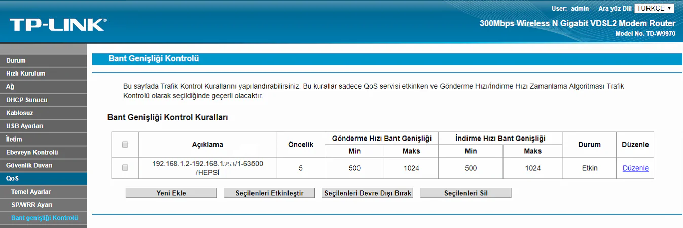 TP-Link TD-W9970 Hız Sınırlandırma