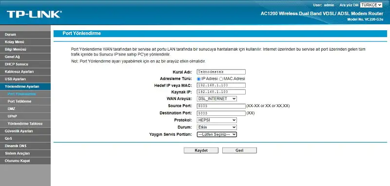 TP-Link VC220-G3u Port Açma