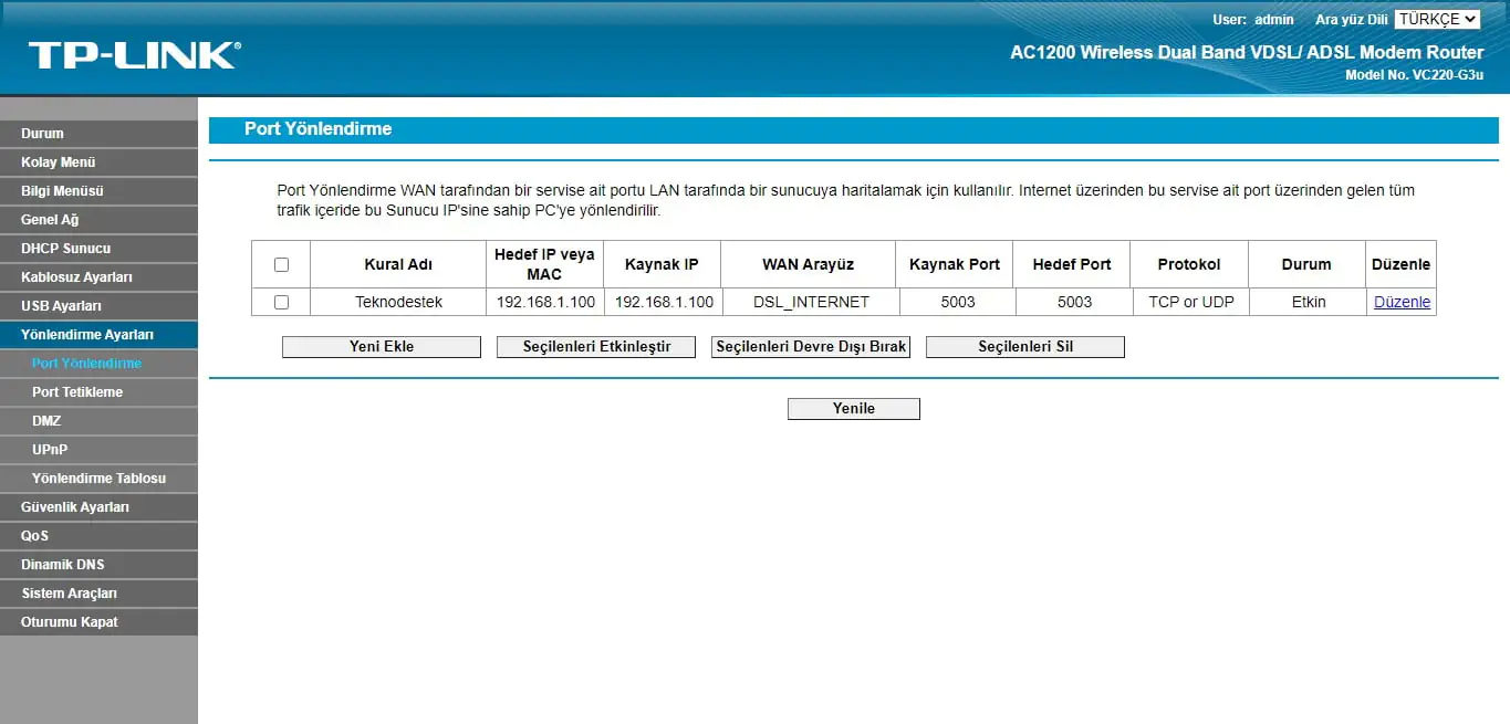 TP-Link VC220-G3u Port Açma
