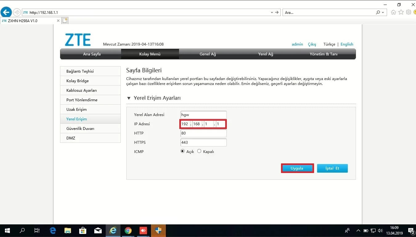 ZTE ZXHN H298A IP Değiştirme İşlemi