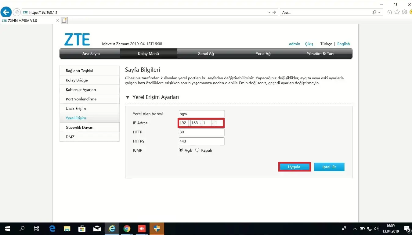 ZTE H298A Modemde Arayüz IP Adresi Nasıl Değiştirilir