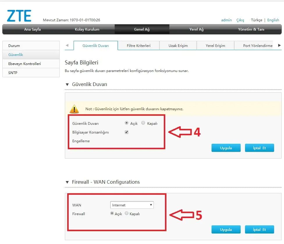 ZTE ZXHN H168A Güvenlik Duvarı Kapatma