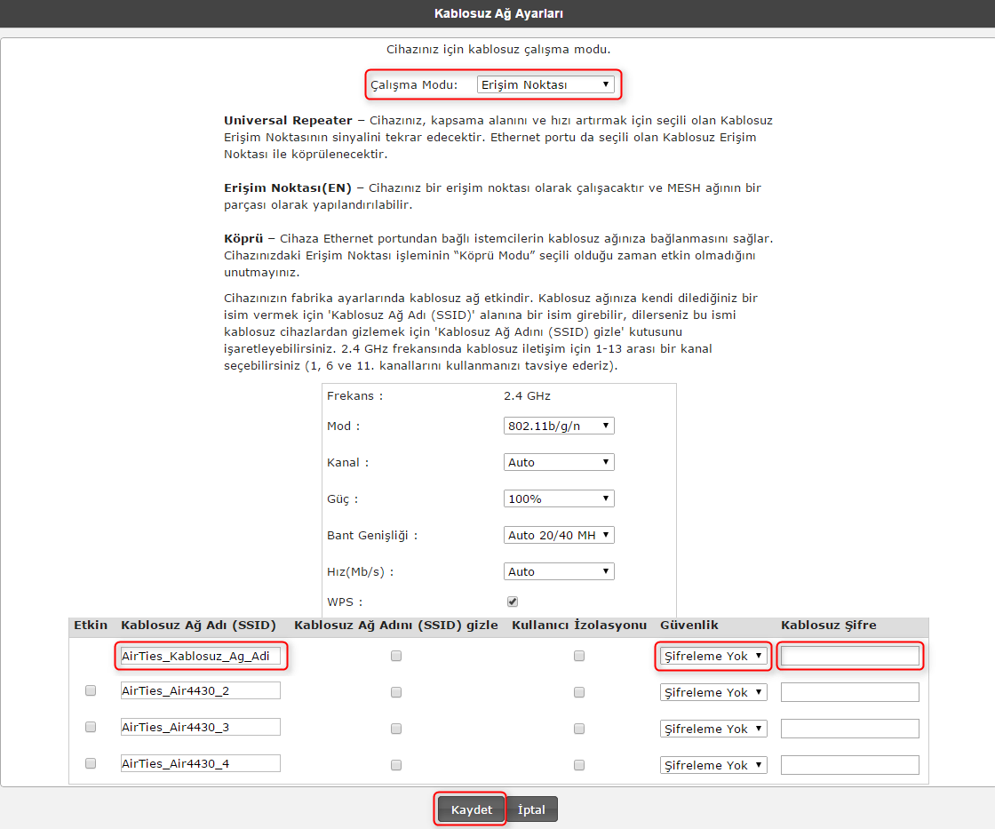AirTies Air 4430 Kablosuz Ağ Ayarları