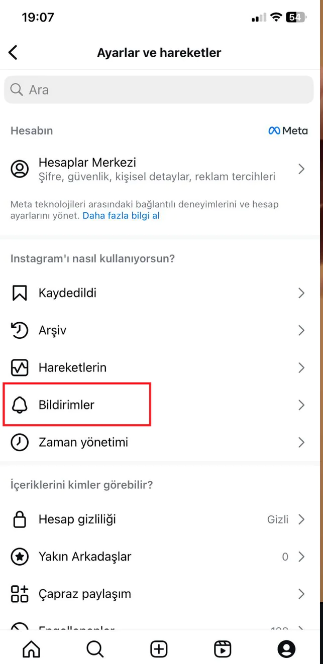 Instagram arama kapatma