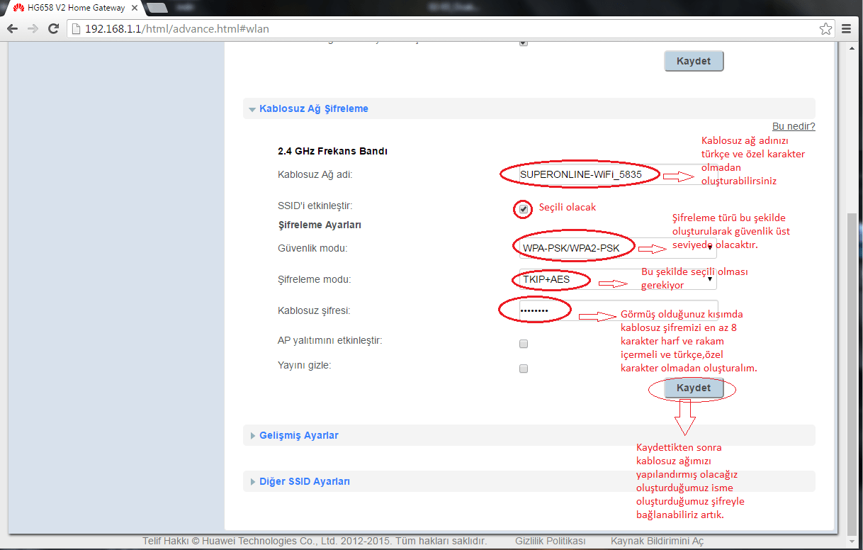 kablosuz ayarlar bölümü
