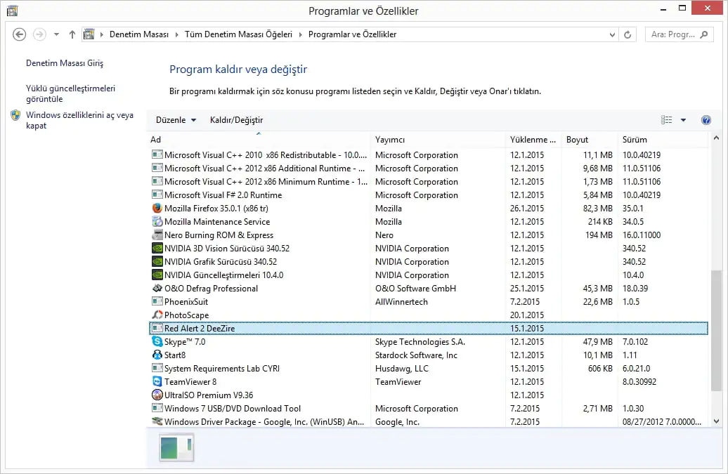 Kaldırılamayan Programlar