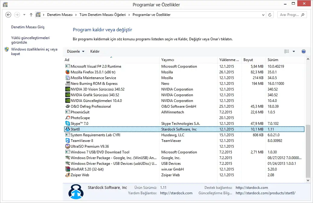 Kaldırılamayan Programlar