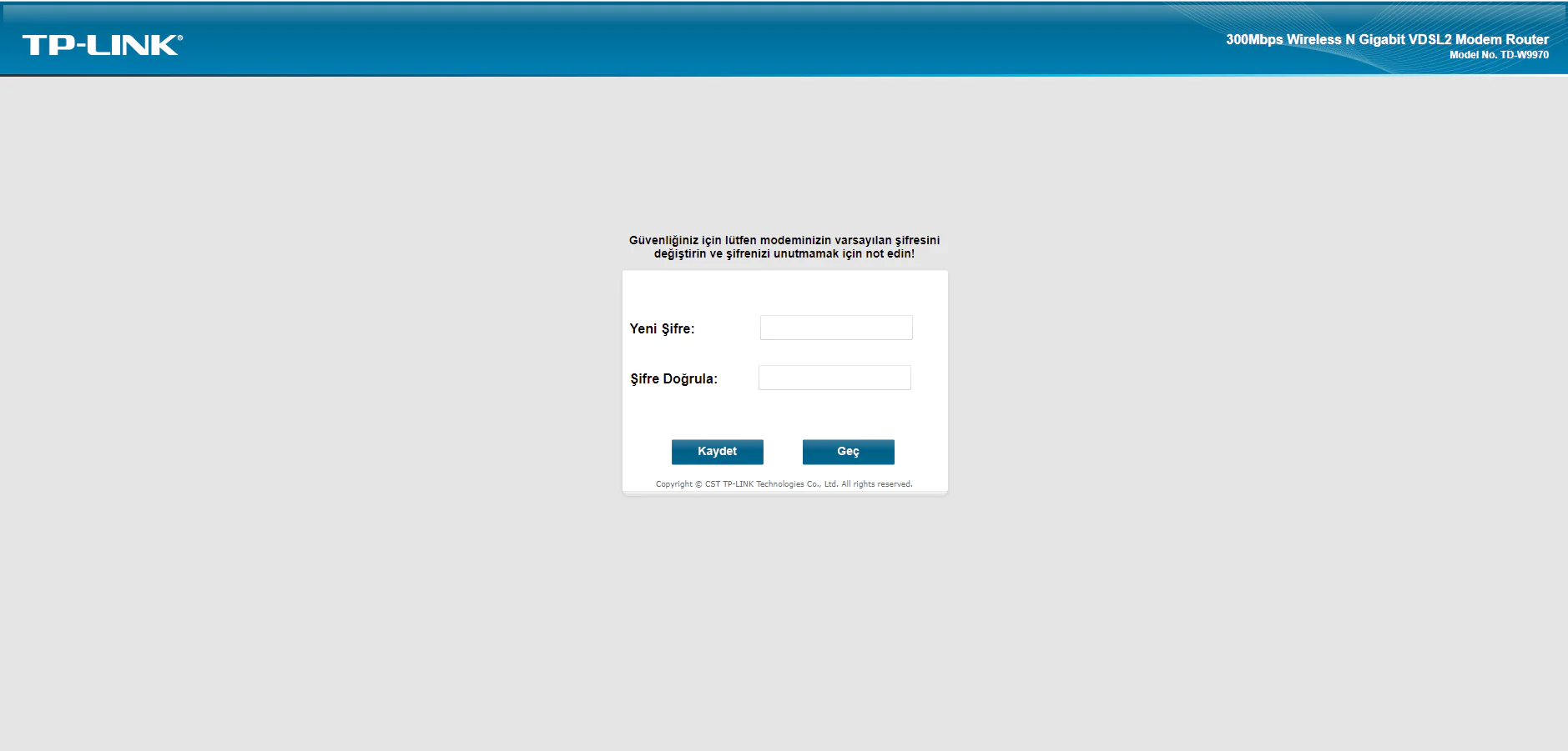 Tp-Link TD-W9970 Şifre ekranı