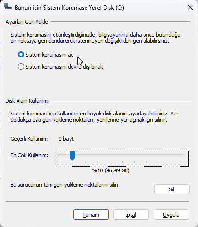 Windows 11 Sistem Geri Yükleme Noktası Oluşturma