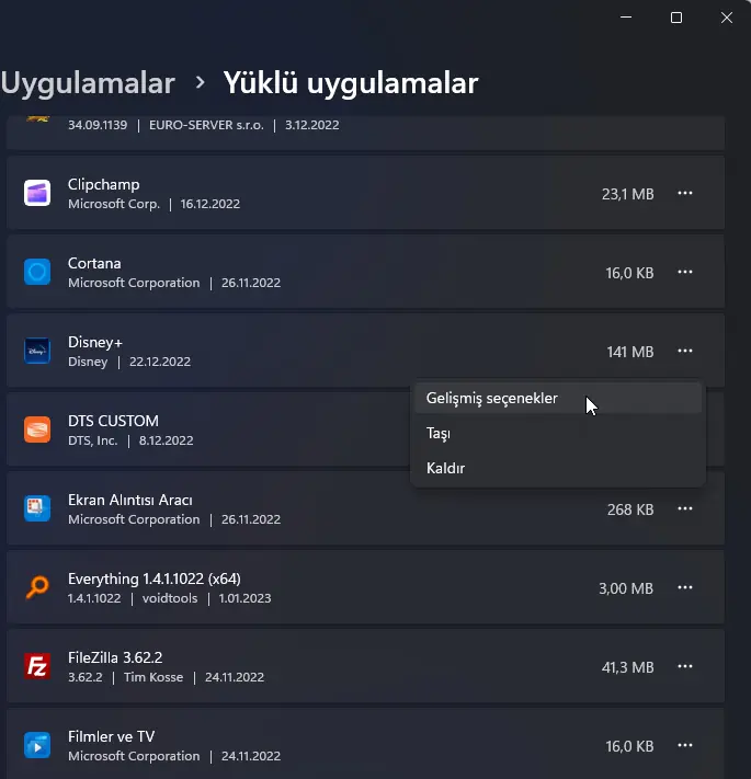 Windows 11 Uygulama Sıfırlama