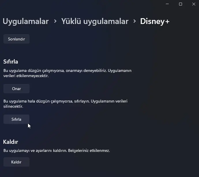 Windows 11 Uygulama Sıfırlama