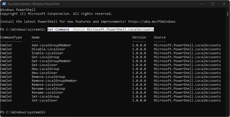 Windows 11 Yerel Kullanıcılar ve Gruplar için cmdlet Listesi