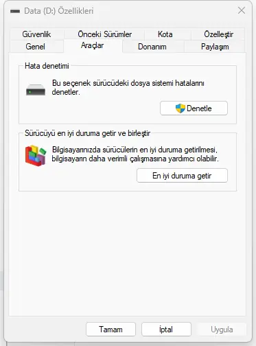 Windows 11 Disk Hatalarını Bulma ve Düzeltme