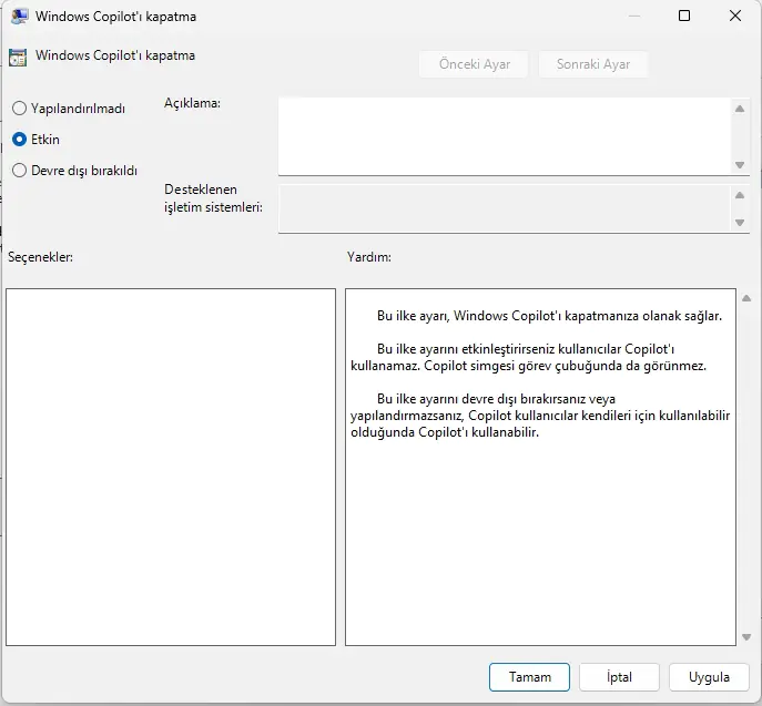 Windows 11 Copilot Devre Dışı Bırakma adımları