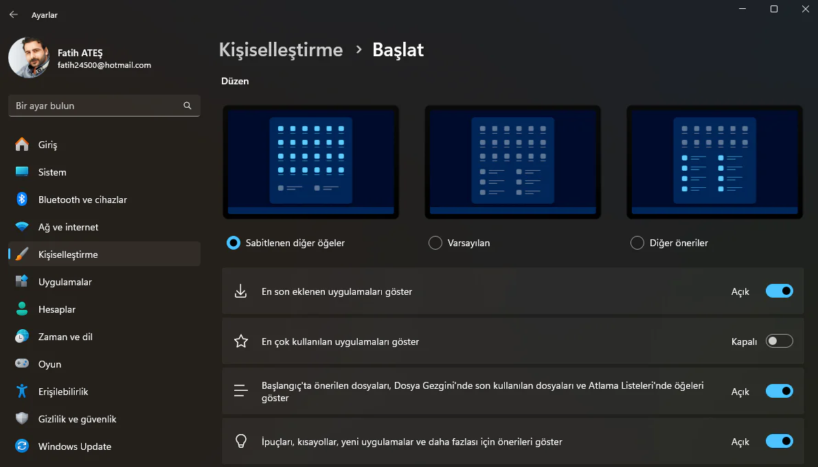 Windows 11 Başlat Menüsü Özelleştirme