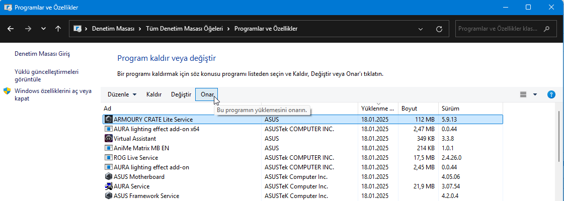 ASUS Armoury Crate Çalışmıyor