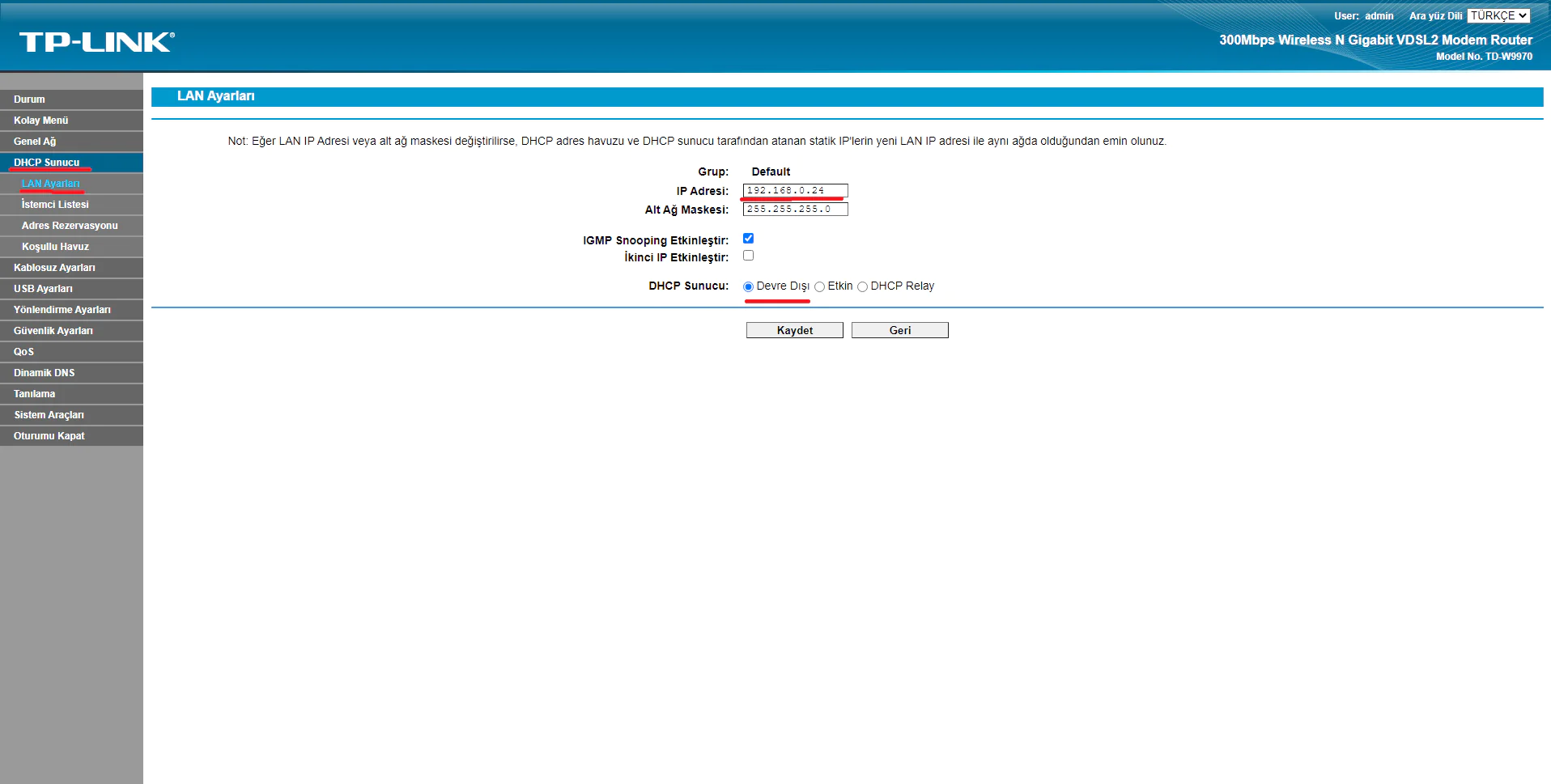tp-link td-w9970 lan ip ayarı