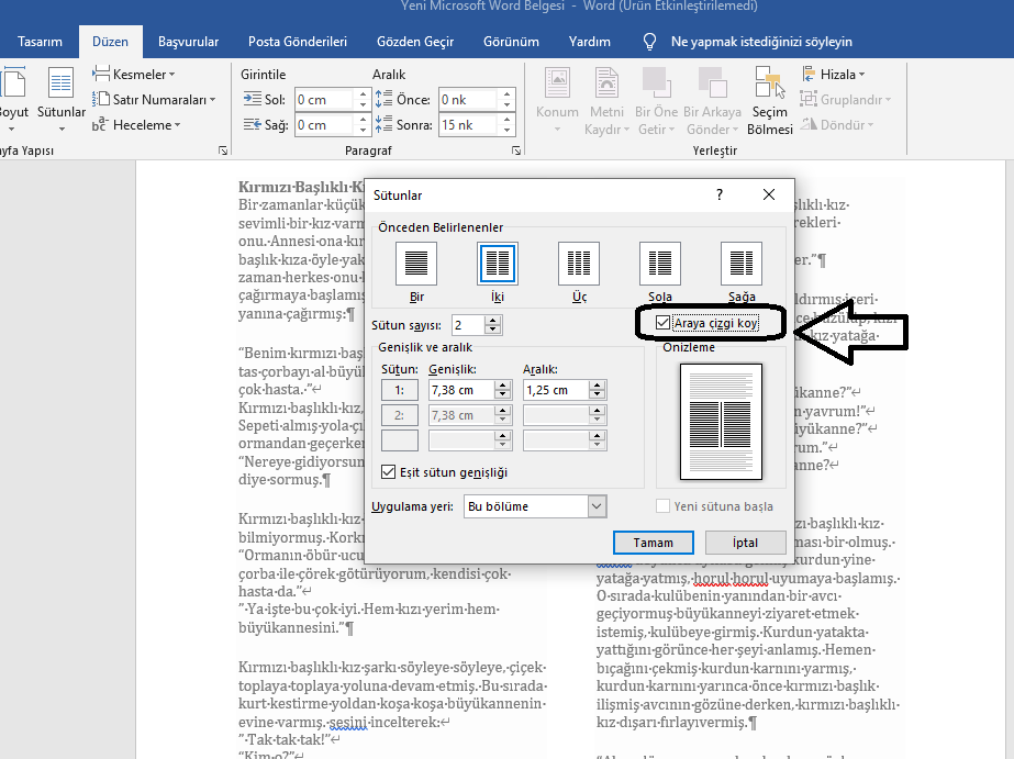 Word belgesinde iki sütun nasıl yapılır