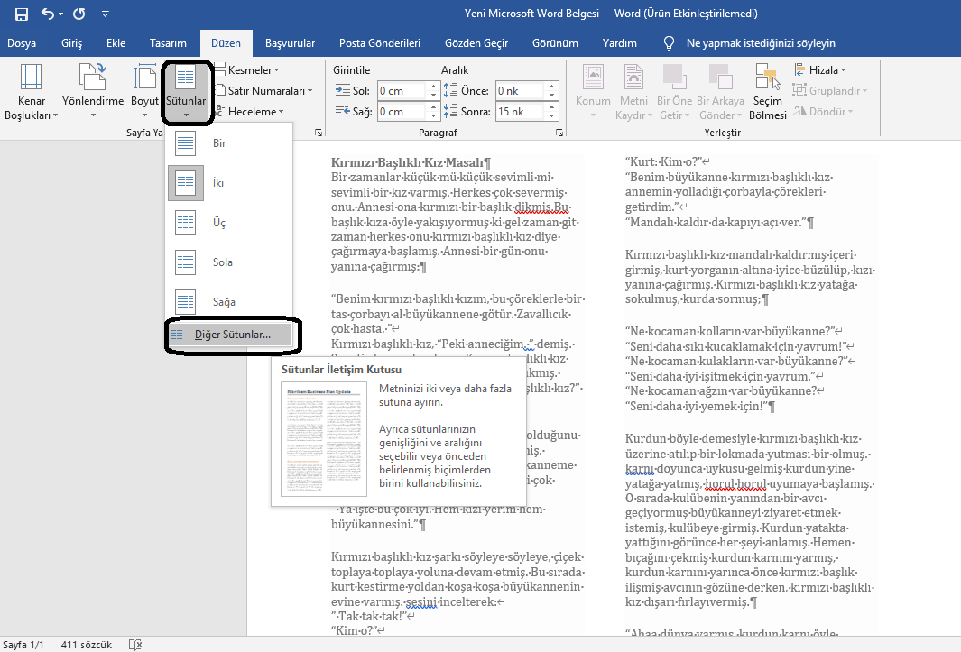 Word Belgesinde İki Sütun