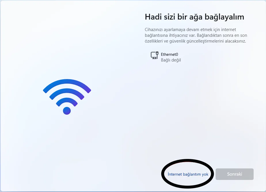 İnternet bağlantısı olmadan Windows 11 kurulumu