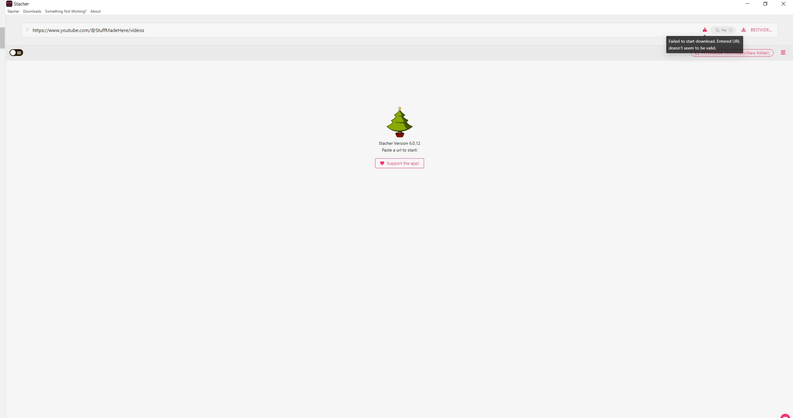 YouTube geçersiz URL hatası ekranında bir hata mesajı görüntüleniyor.