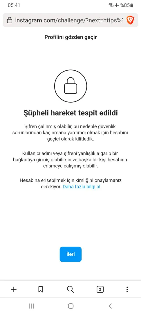 instagram şüpheli etkinlik algılandı