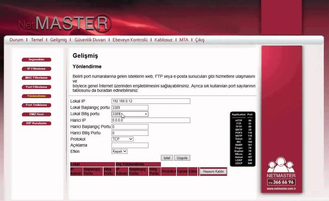 NETMASTER Modem Port Yönlendirme
