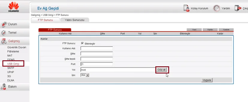 Huawei HG552e USB Disk Bağlama 2