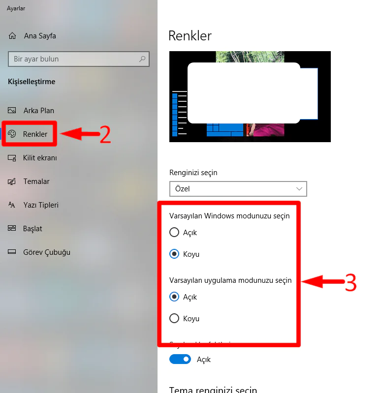 Windows 10 Koyu Mod Nasıl Açılır ve Kapatılır
