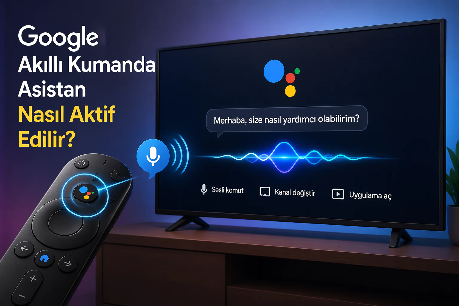 Google akıllı kumanda asistan Android TV'de sesli komutla kanal değiştirme ve uygulama açma ekranı