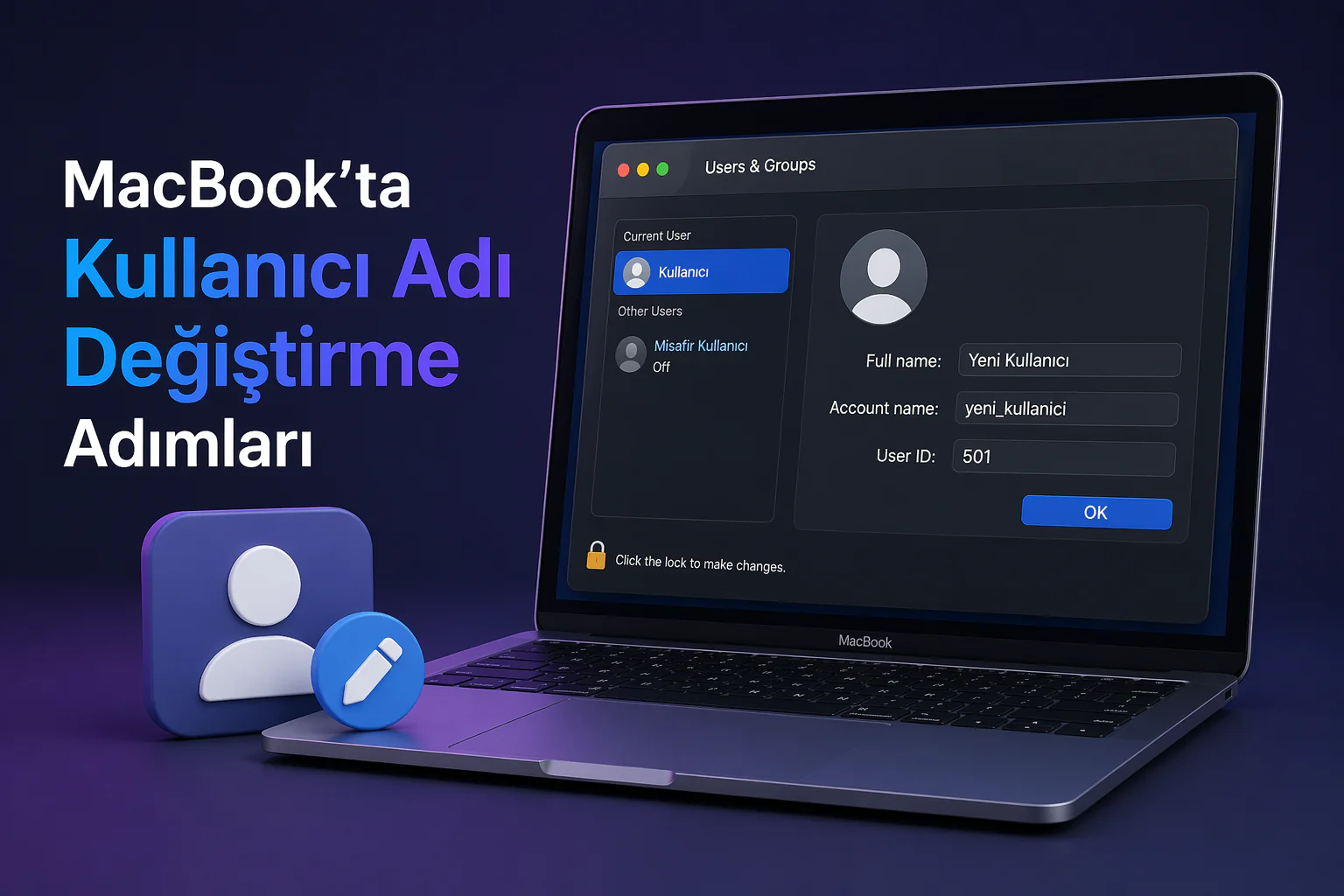 Kullanıcı adı değiştirme için MacBook ayarlarında adım adım işlem ekranı görünümü