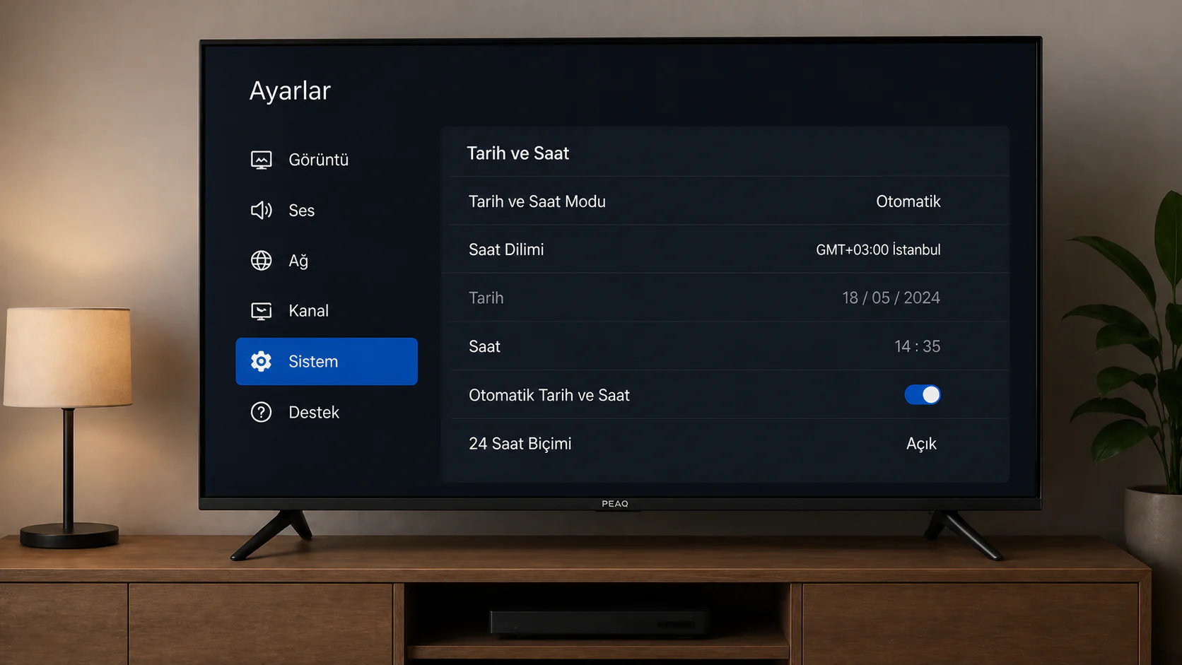 PEAQ akıllı televizyonda tarih ve saat ayarları menüsü ekranı