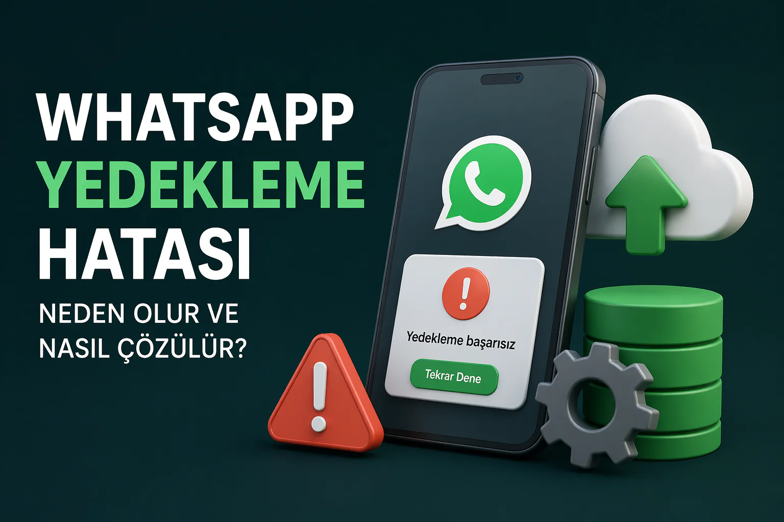 Whatsapp Yedekleme Hatası yaşayan kullanıcı için telefon ekranında başarısız yedekleme uyarısı ve ayar simgeleri