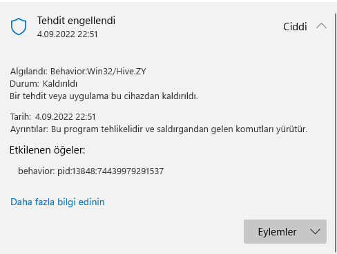 Microsoft Defender Win32/Hive.ZY'yi yanlışlıkla algılıyor
