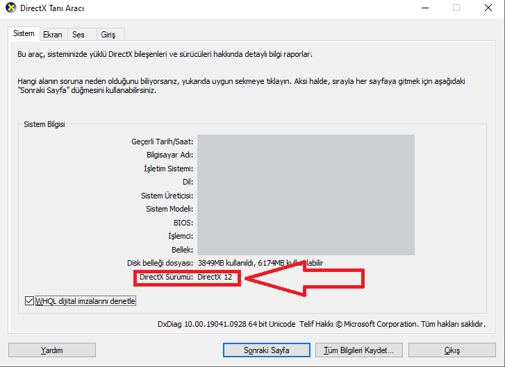 D3dx9_39.dll Bulunamadı hatası çözümü için directx veriyonu kontrol edilmesi