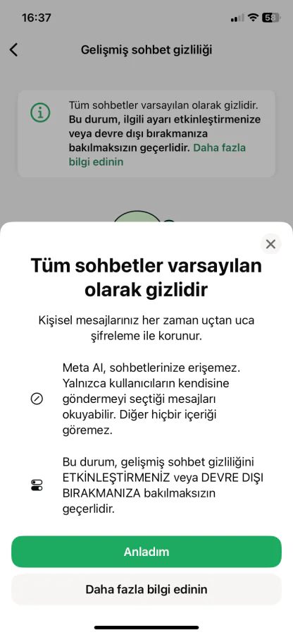 WhatsApp gelişmiş sohbet gizlilik ayarı