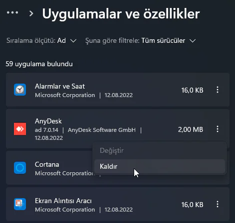 Windows 11'de Uygulama Kaldırma