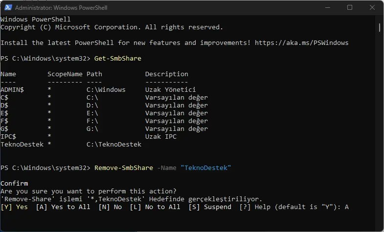 PowerShell ile Windows 11 klasör paylaşımını durdurma