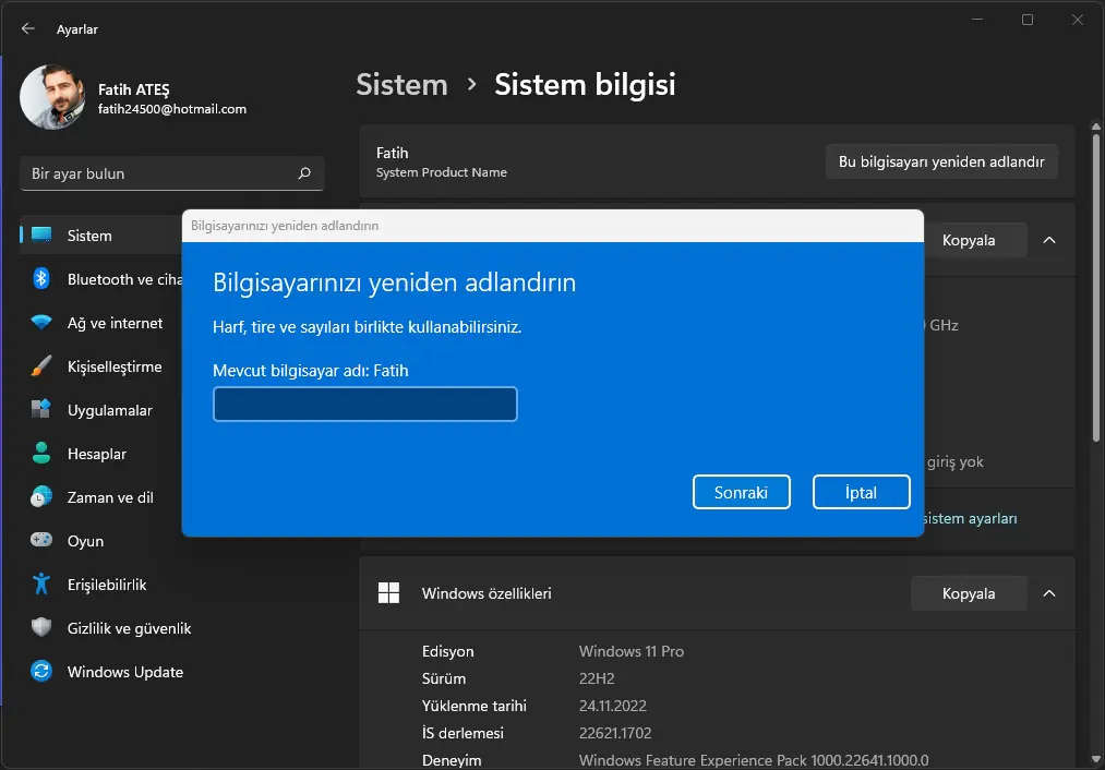 Ayarlar Uygulaması ile Bilgisayarın Adını Değiştirmek