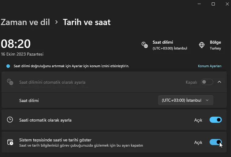 Windows 11 Tarih ve Saat Gizleme (sürüm 23H2)