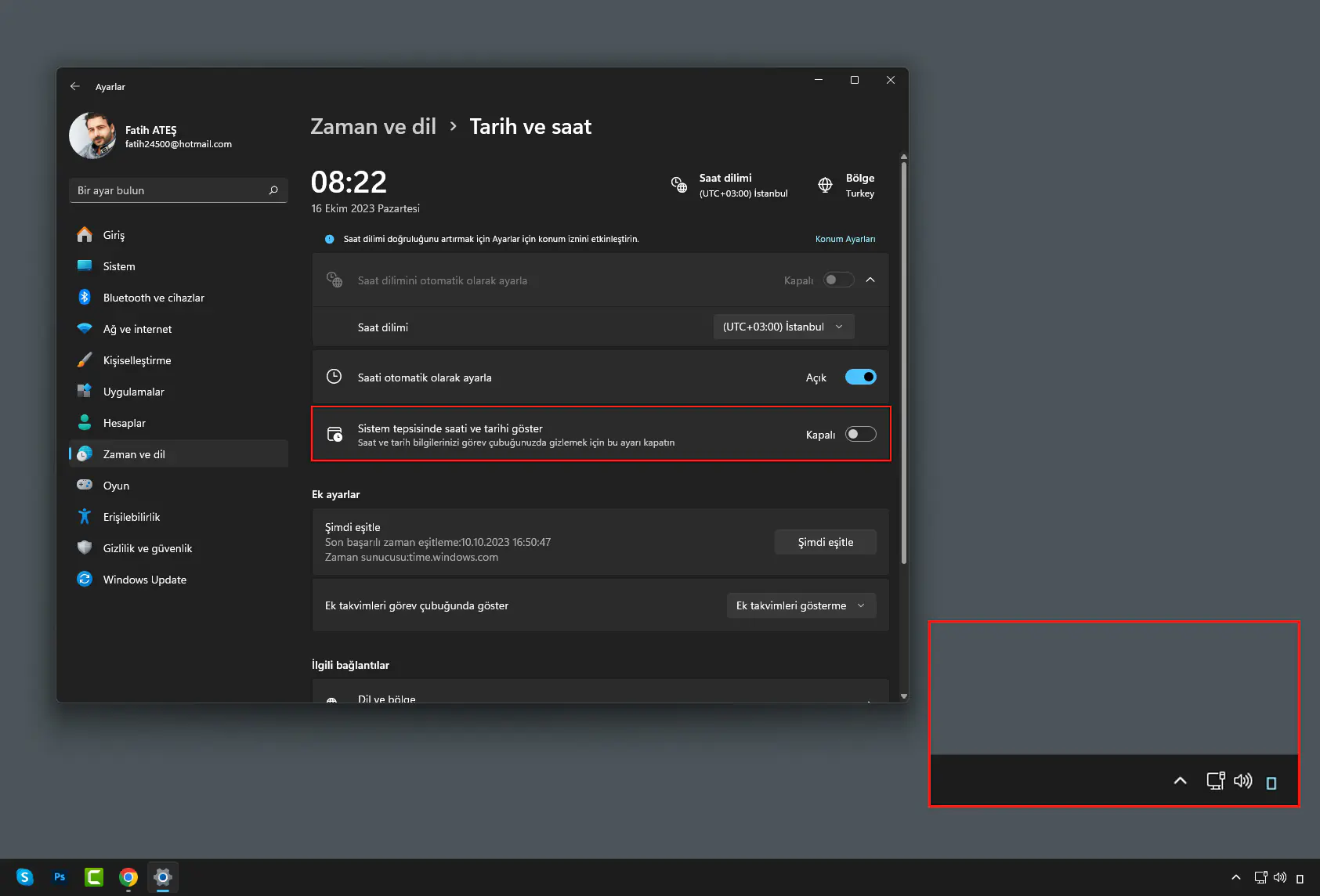 Windows 11 Tarih ve Saat Gizleme (sürüm 23H2)