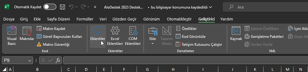 Excel Durum Çubuğu Görünmüyor