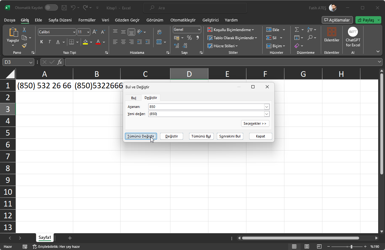 Excel Parantez Eklemek