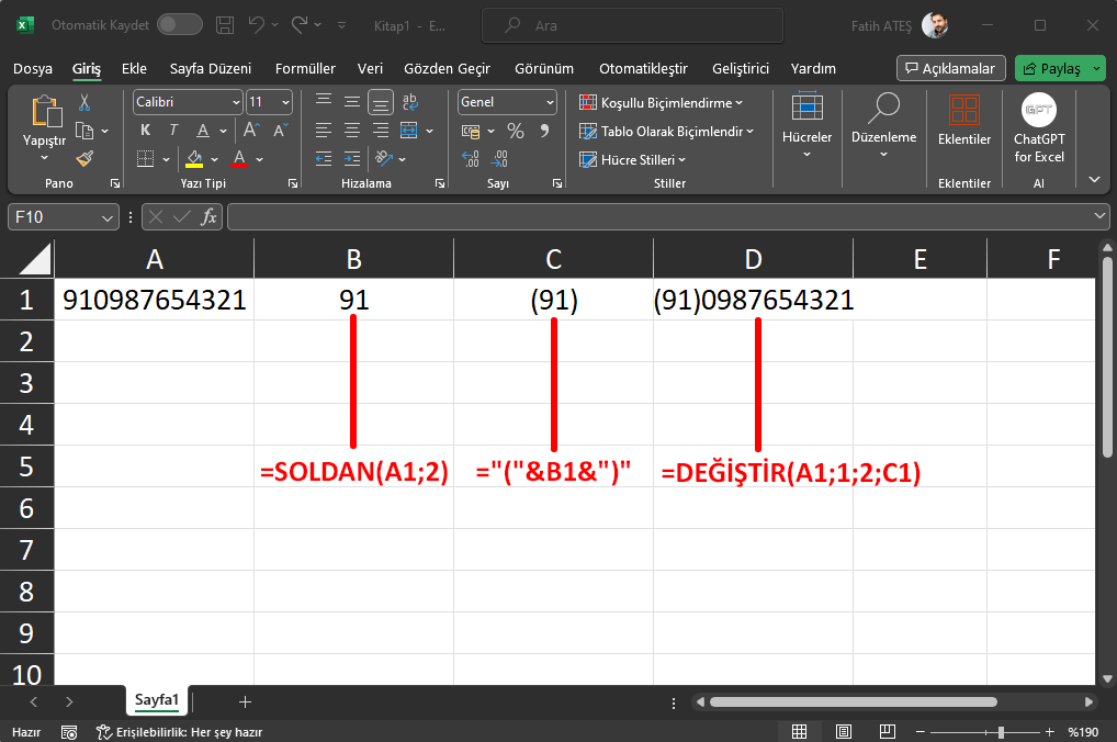 Excel Parantez Eklemek