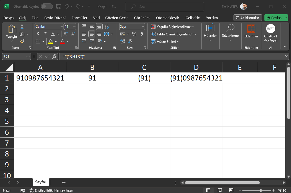 Excel'de Parantez Eklemek