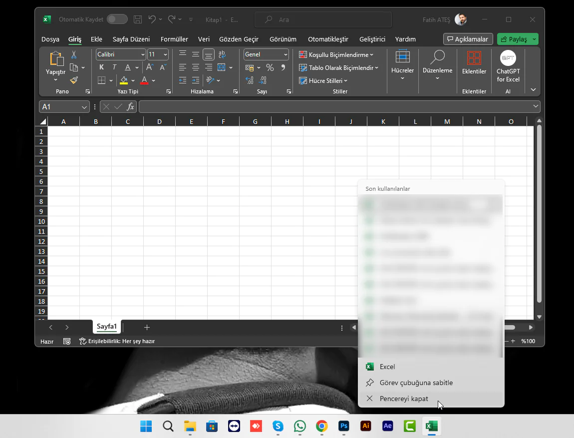 Excel Küçük Pencerede Açılıyor