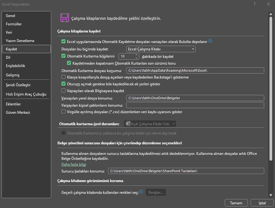 Excel Otomatik Kurtarma Çalışmıyor