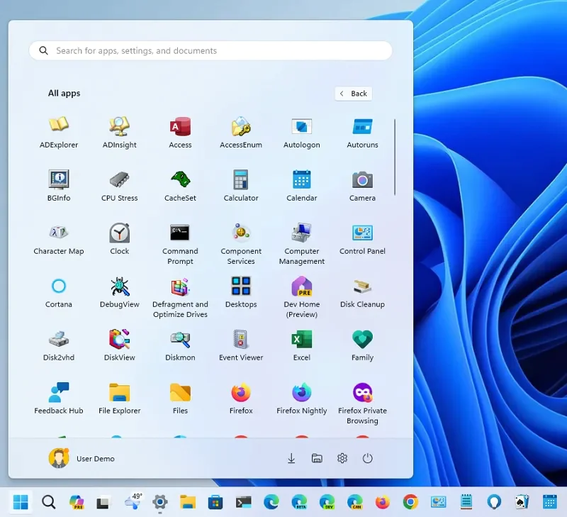 Yeni Başlat Tüm Uygulamalar Menüsü